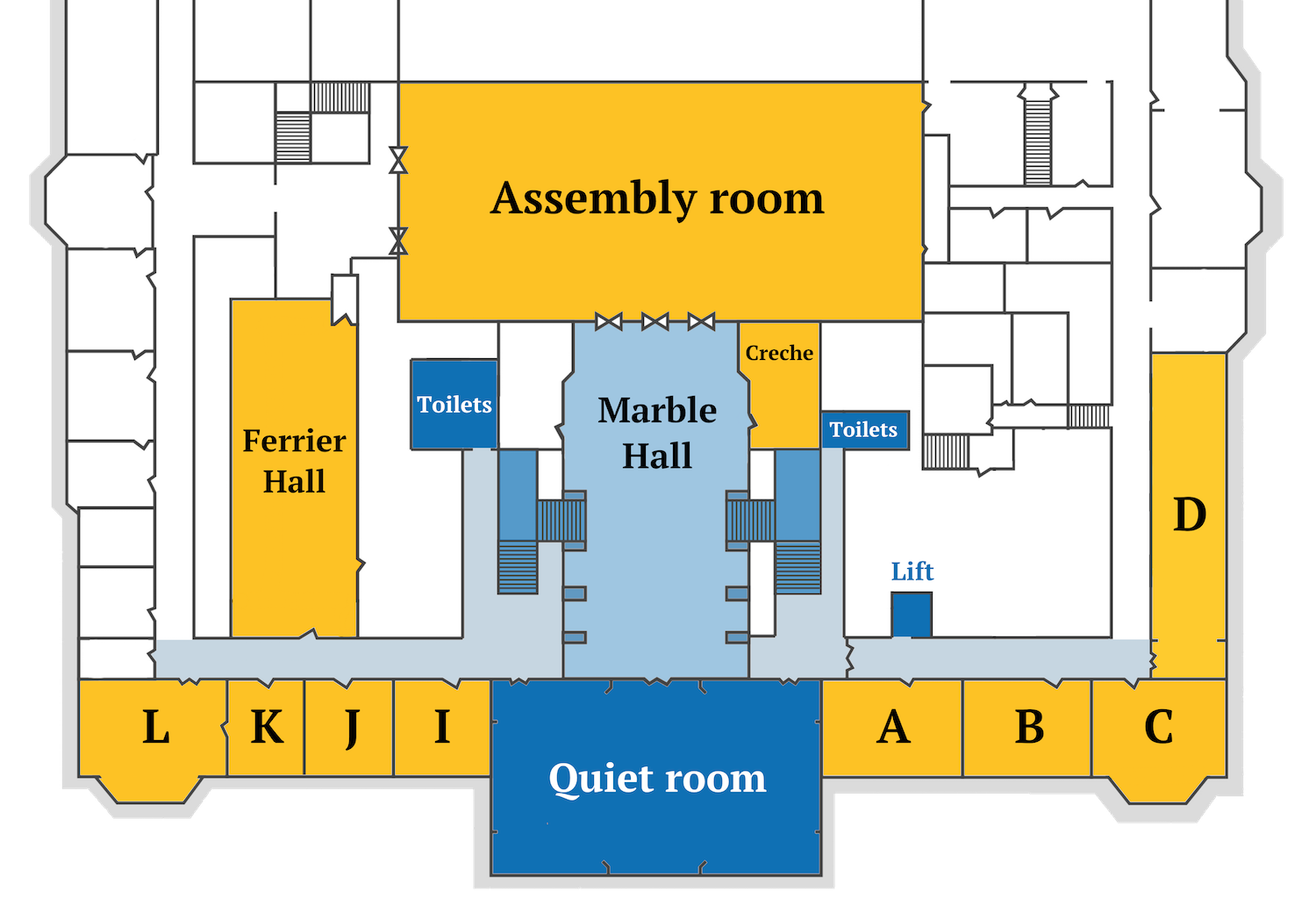 A labelled first floor plan showing the locations of the assembly room, ferrier hall, rooms A to D and rooms I to L, the quiet room, toilets and lifts.